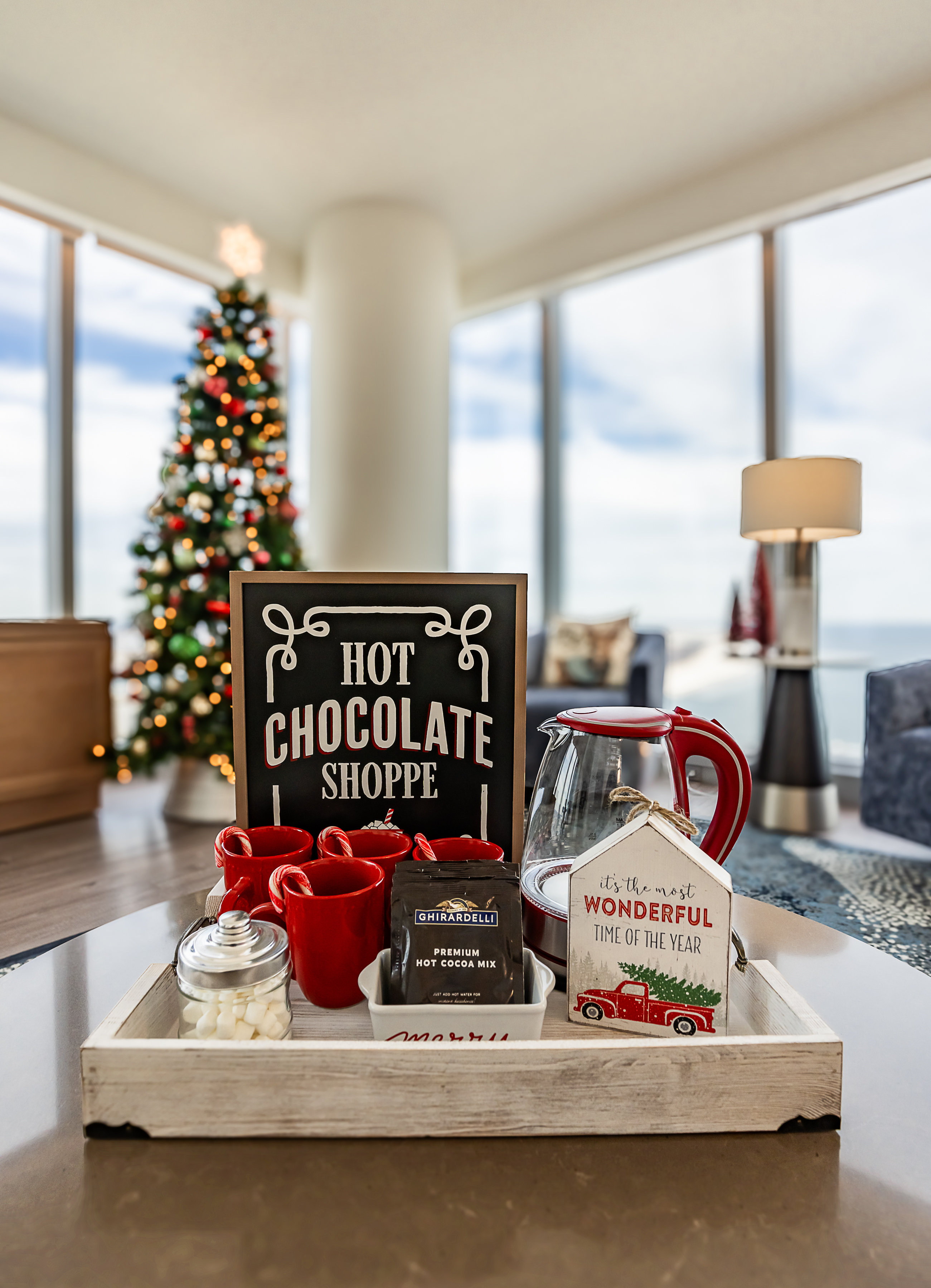 Holiday hot chocolate bar setup inside Ocean Casino Resort suite overlooking the Atlantic Ocean.