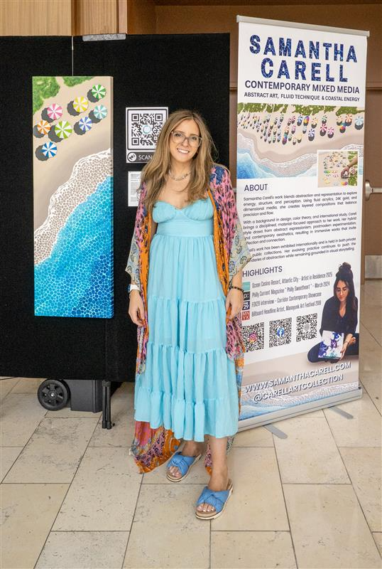 Atlantic City artist Samantha Carell showcasing coastal-inspired mixed media artwork during Ocean Casino Resort’s 7th birthday collaboration event.
