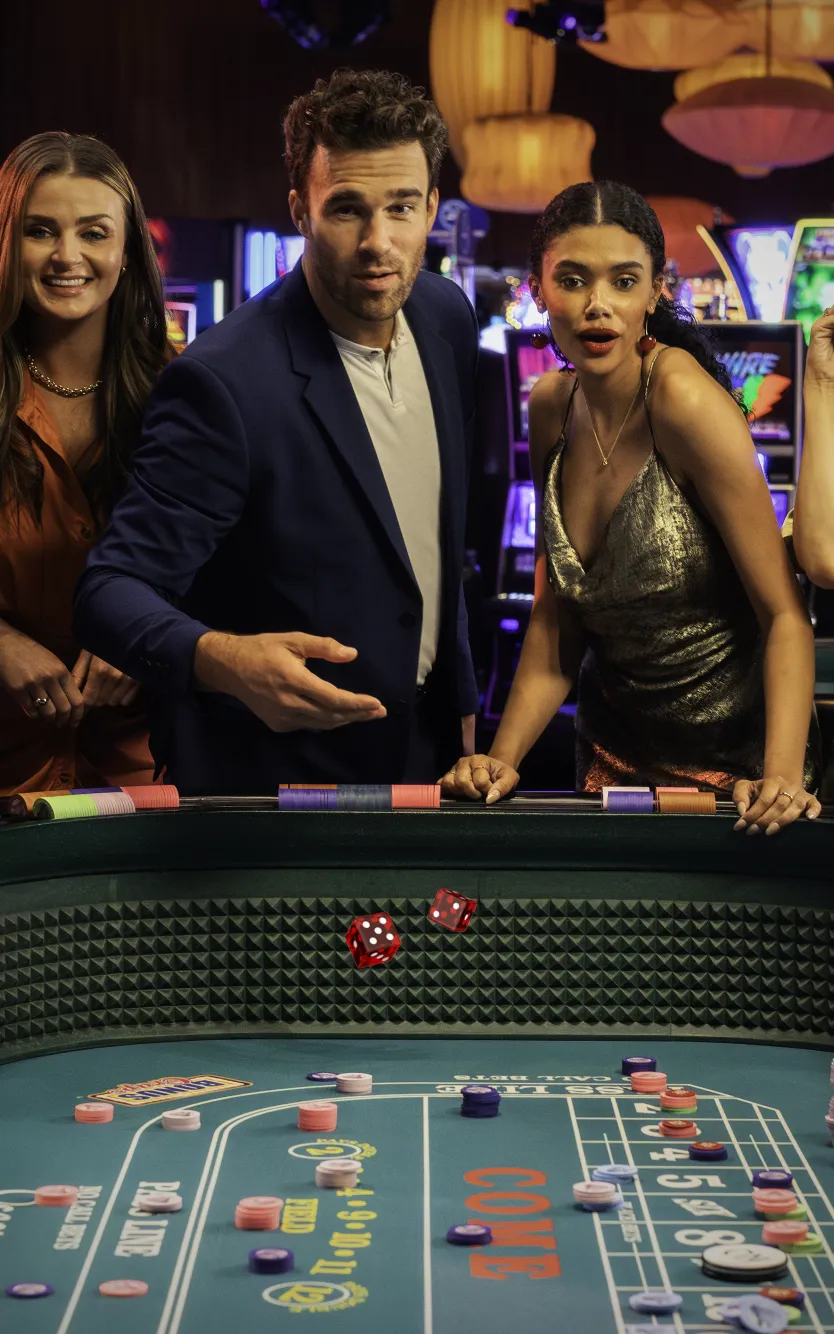 Five stylish guests celebrate a thrilling dice roll at Ocean Casino Resort’s vibrant gaming floor, surrounded by colorful slot machines and glowing lights.