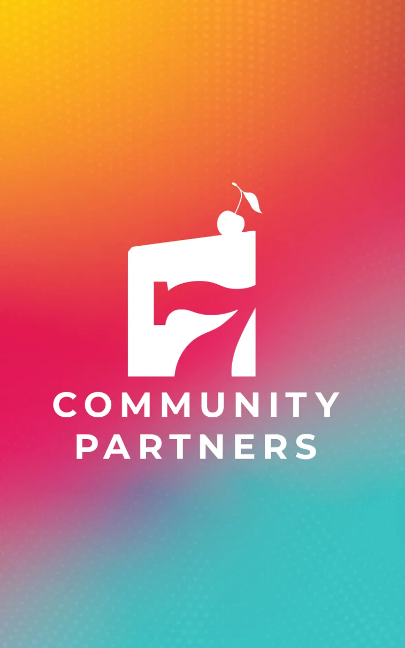 Community Partners graphic for Ocean Casino Resort’s 7th birthday celebration, featuring stylized number seven with cherry icon.